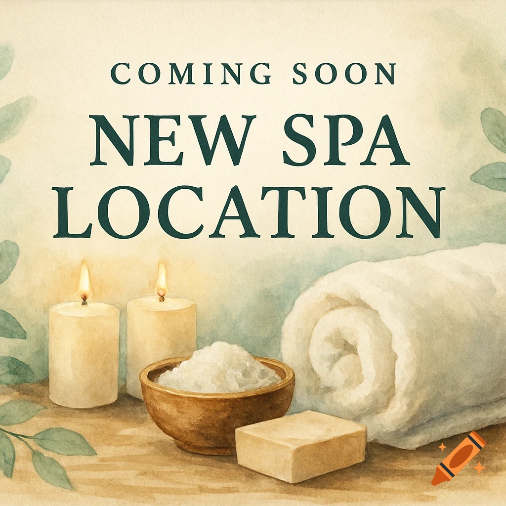 Watercolor illustration of spa items (candles, bath salts, towel, soap) and text 'COMING SOON NEW SPA LOCATION'.