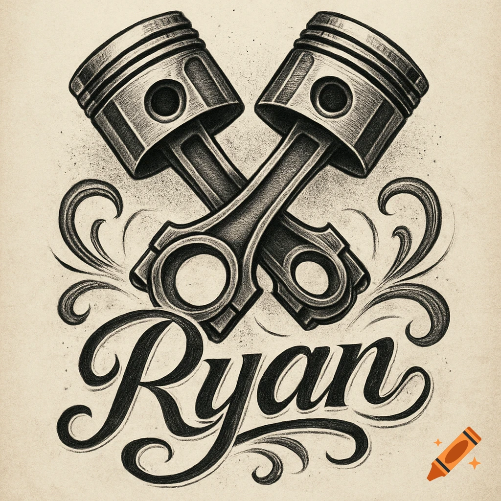 Two crossed engine pistons in a vintage, tattoo-style illustration with the name 'Ryan' in fancy script below.