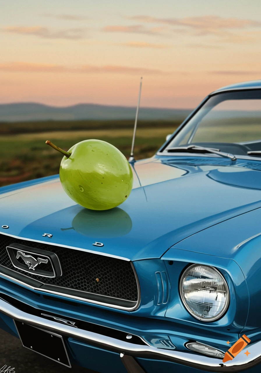 A large green grape rests on the blue hood of a vintage Ford Mustang against a landscape with hills and a sunset sky.