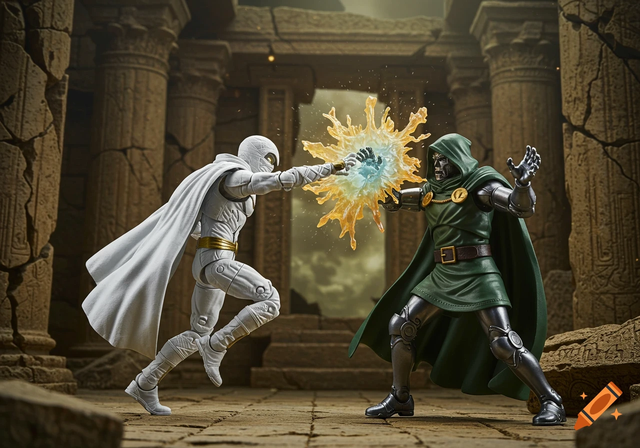 Action figures of Moon Knight and Dr. Doom battling with an energy blast in ancient ruins.