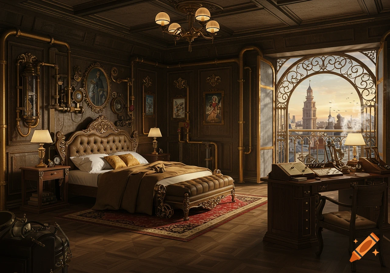 Photorealistic steampunk bedroom with ornate bed, pipes on walls, a desk, and large arched window revealing a city view.