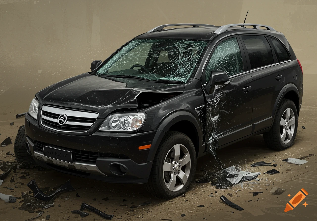 A black Holden Captiva SUV with a smashed windshield and dented body, surrounded by debris on a dirt ground.