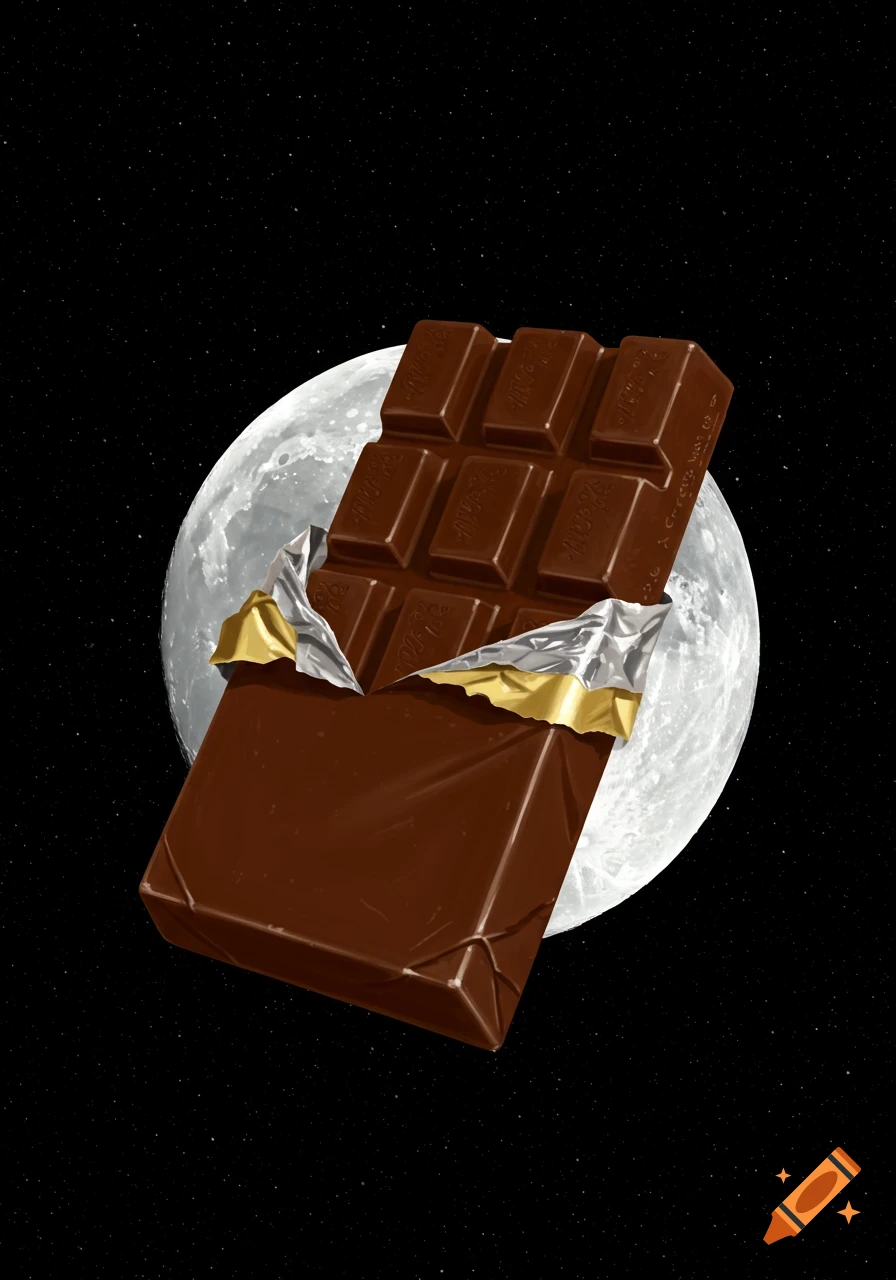 A chocolate bar, partially unwrapped, floats in front of a full moon with a starry night sky in the background.