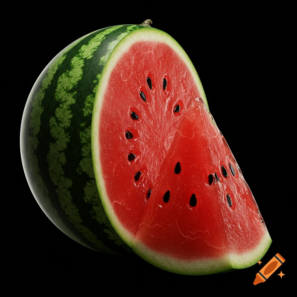 A vibrant red, sliced watermelon with black seeds on a dark background, showcasing photorealistic detail.