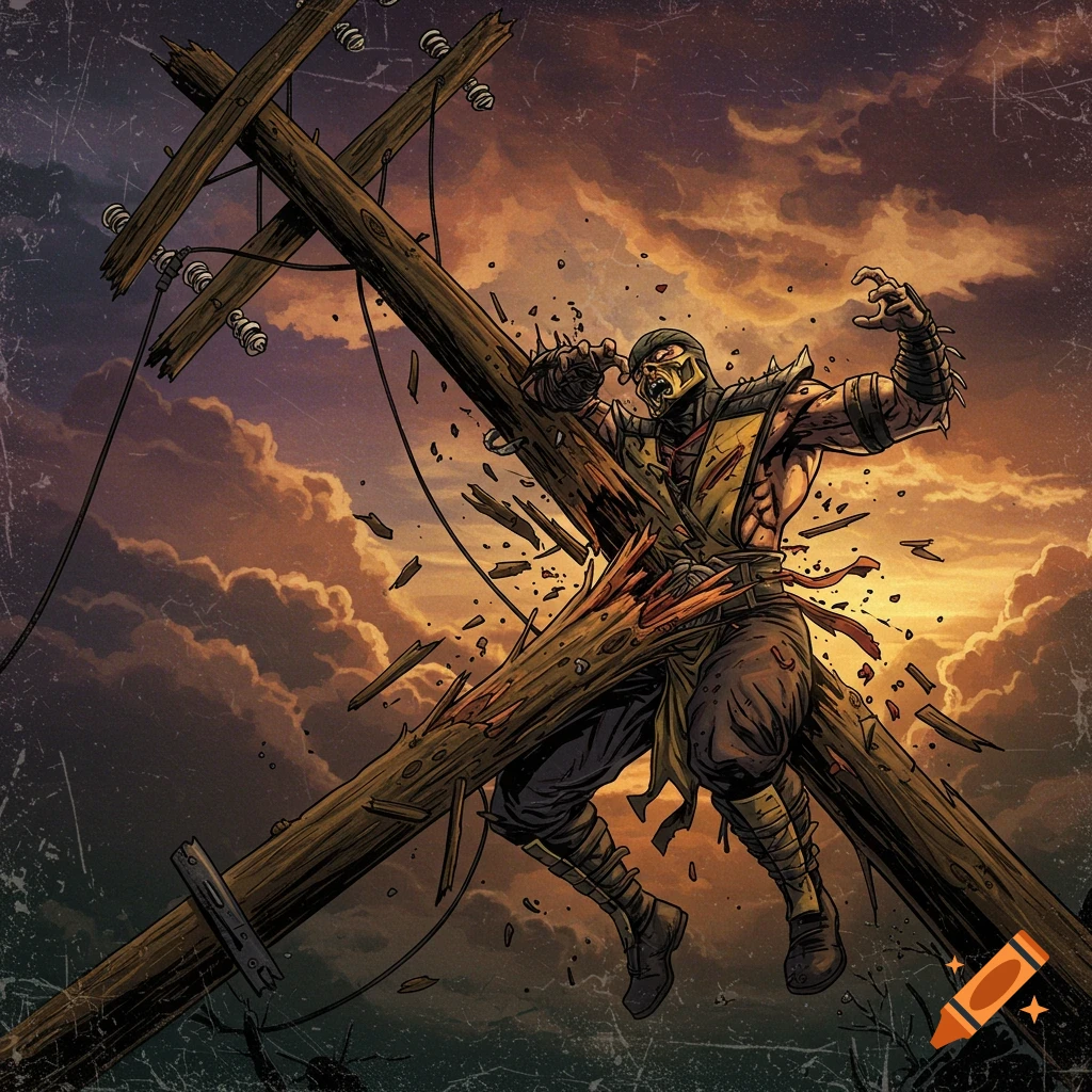 A comic art illustration of Scorpion from Mortal Kombat, mid-air, having broken a wooden utility pole under a dramatic, cloudy sky.
