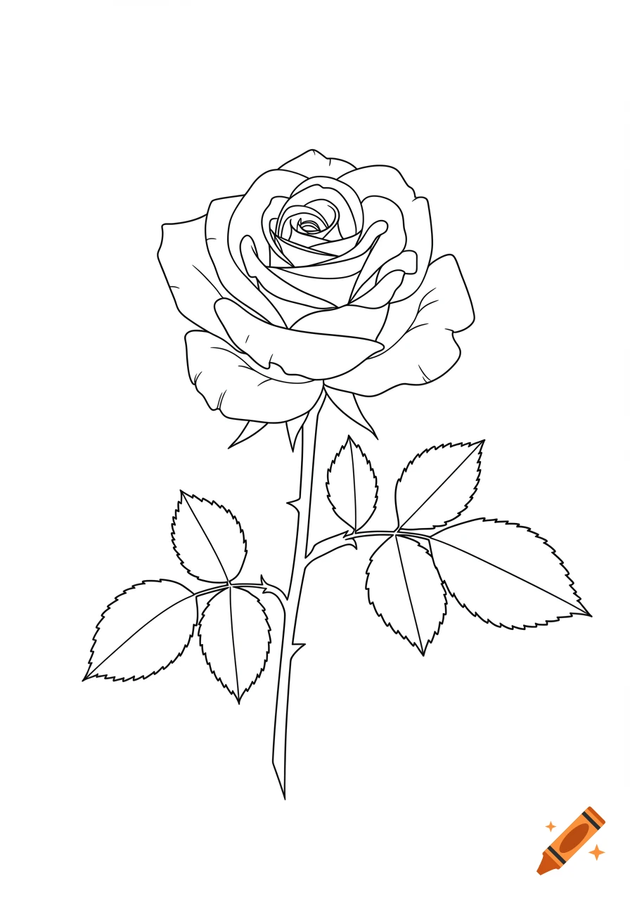 A black and white line drawing of a single rose with a stem and several leaves.