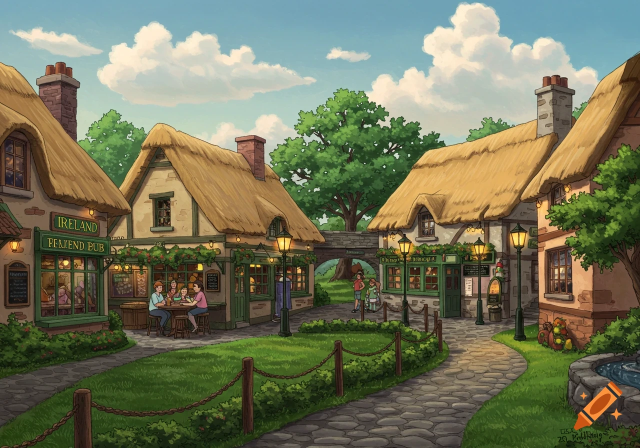 A cartoon illustration of an Irish village street with thatched-roof pubs, cobblestone paths, green grass, and people.