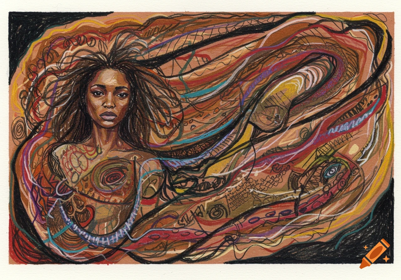 A colorful drawing of a woman with intricate patterns on her bare chest and abstract swirling lines around her.
