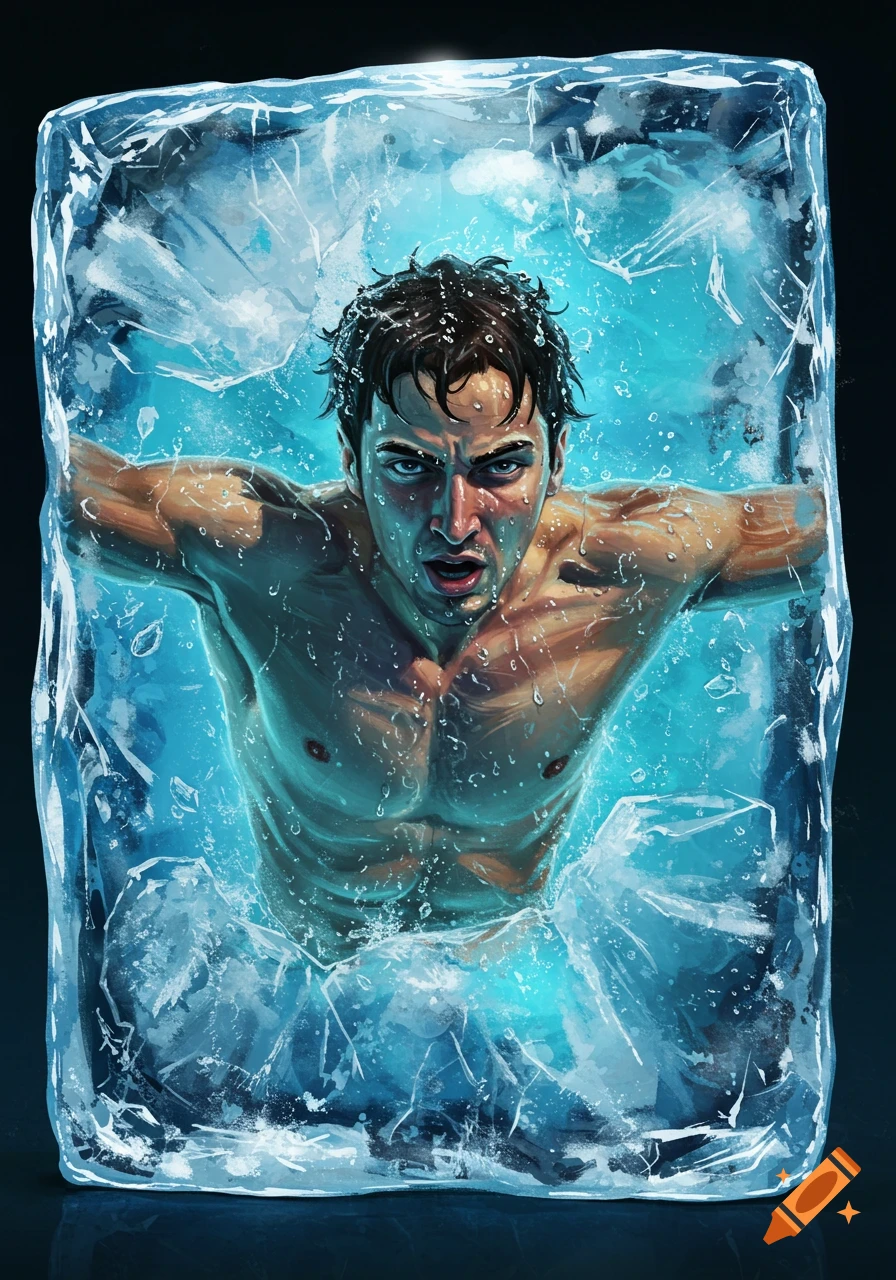 Illustrative portrait of a swimmer frozen inside a block of ice, looking intense with water droplets on his skin.