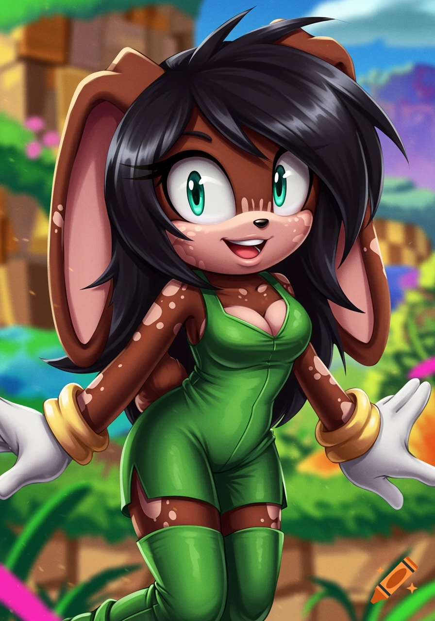 A sonic-style anthro brown female rabbit with long black hair, vitiligo, and a green outfit, standing in a colorful outdoor setting.