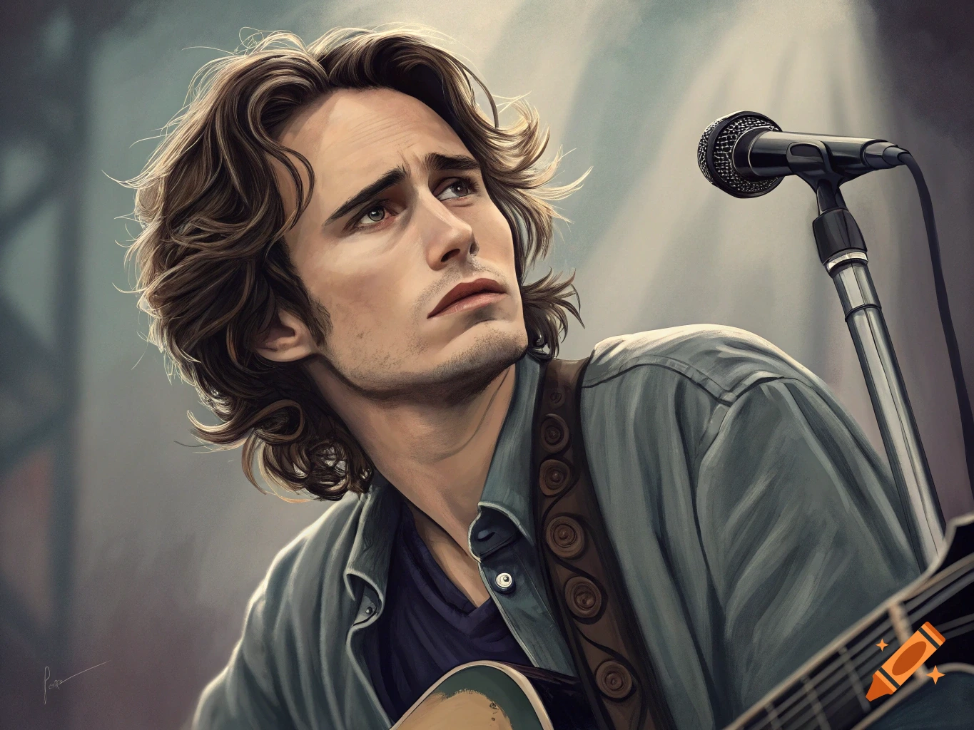 A digital painting of a male musician with long brown hair, looking up intently while playing an acoustic guitar on stage near a microphone.
