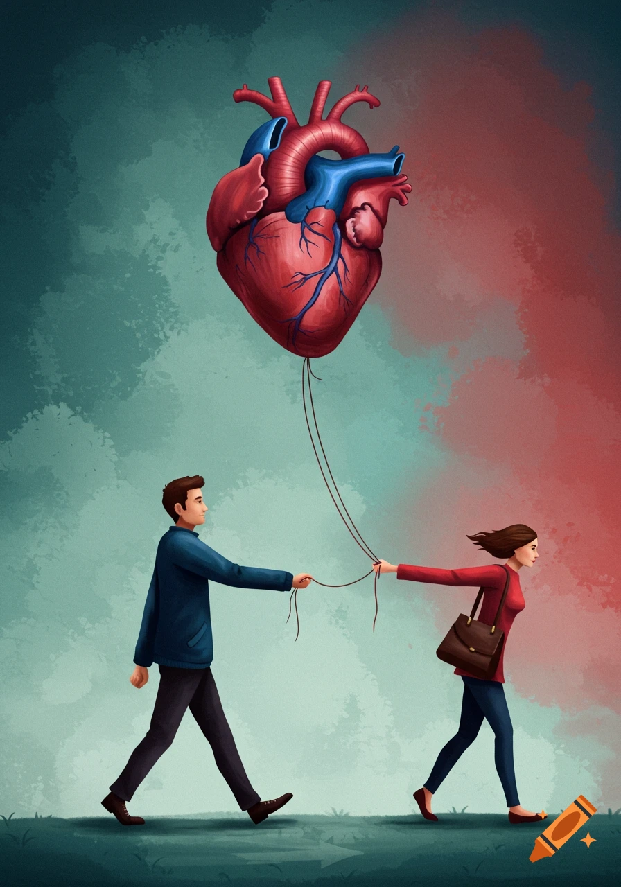 A stylized illustration of a man walking in one direction and a woman walking in the opposite direction, both holding strings attached to a large, floating anatomical heart.