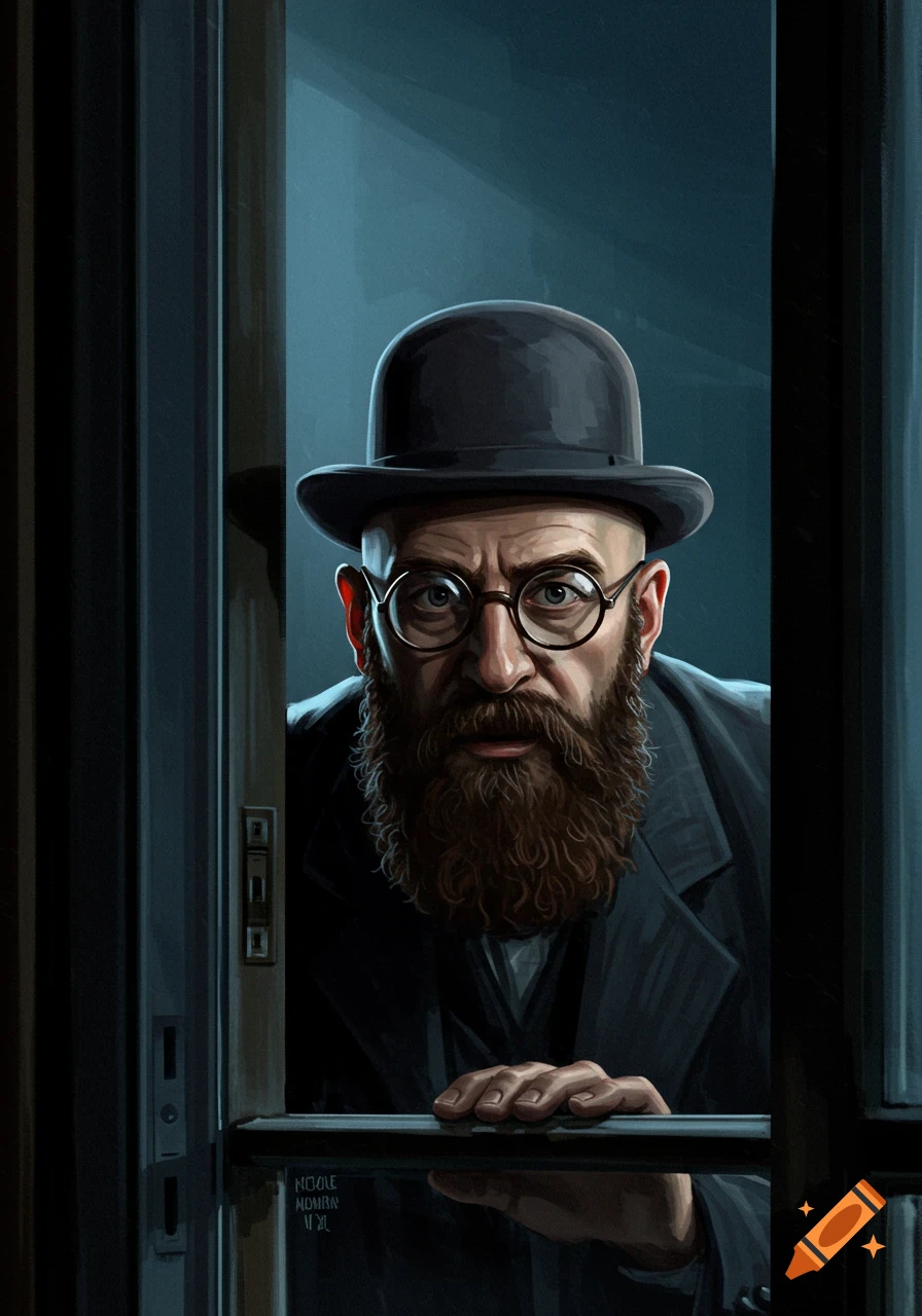 Digital art portrait of a bearded man with a bowler hat and glasses, peeking through a window.