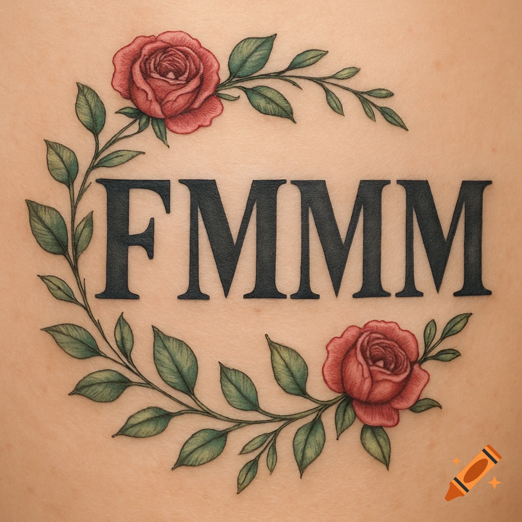 A tattoo of the letters FMMM encircled by a wreath of red roses and green leaves on light skin.