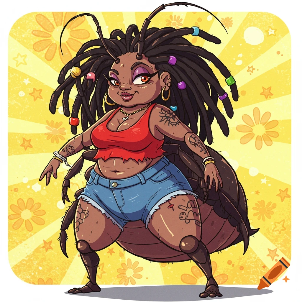 Cartoon illustration of a human-insect hybrid woman with dreadlocks and tattoos, wearing a red crop top and denim shorts, on a yellow patterned background.