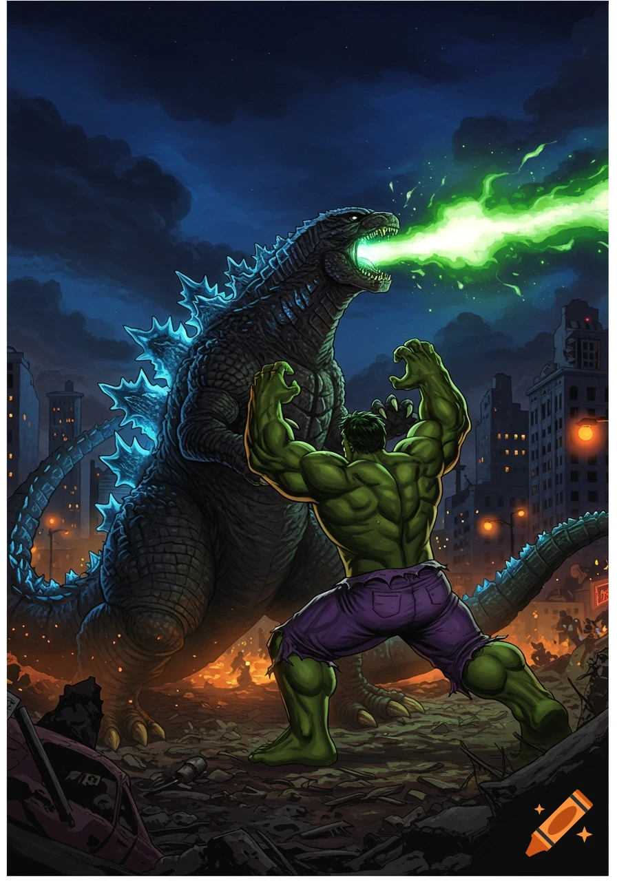 Godzilla blasts green atomic breath at Hulk, who stands ready to fight in a destroyed city at night, in a comic art style.