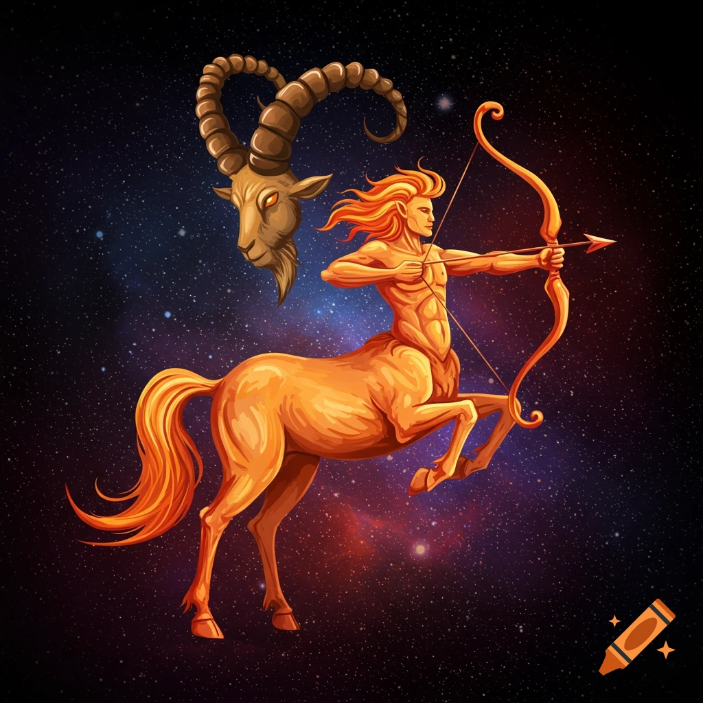 A golden centaur with a bow and arrow stands against a cosmic background, alongside a floating goat head with large horns.