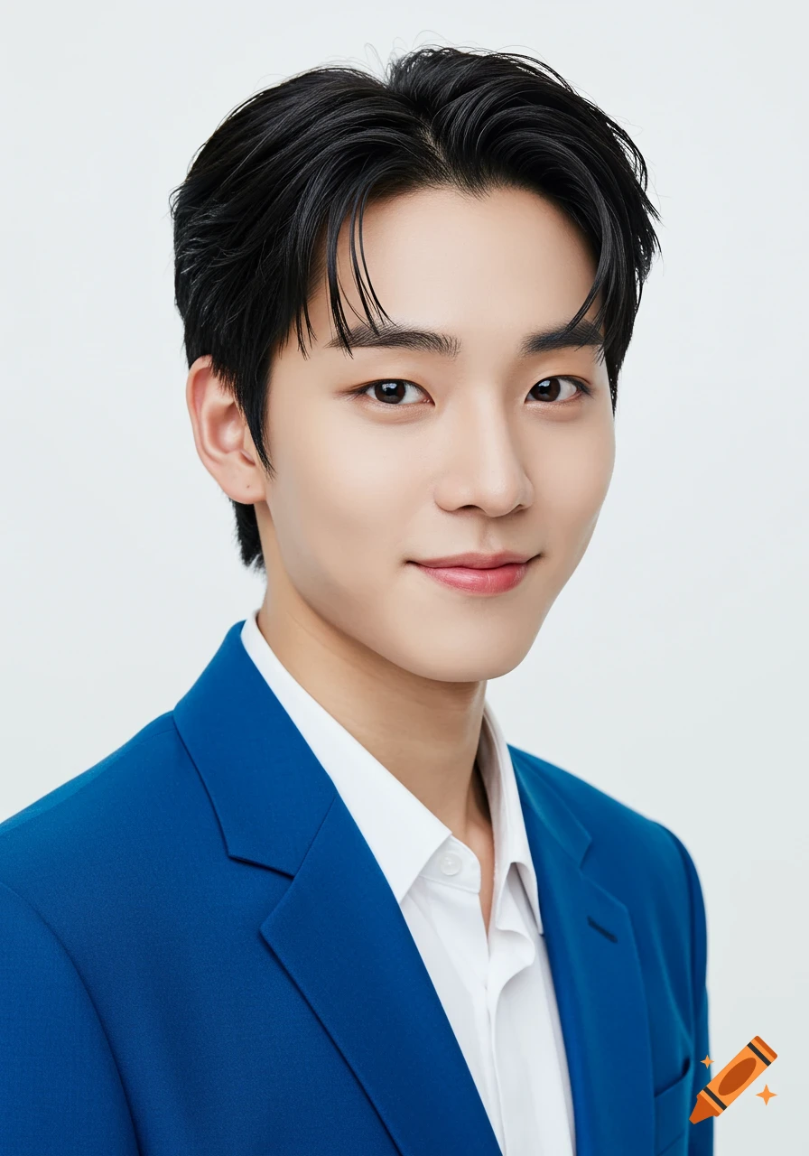 A young Asian man with black hair, wearing a blue suit jacket and white shirt, smiles against a white background.