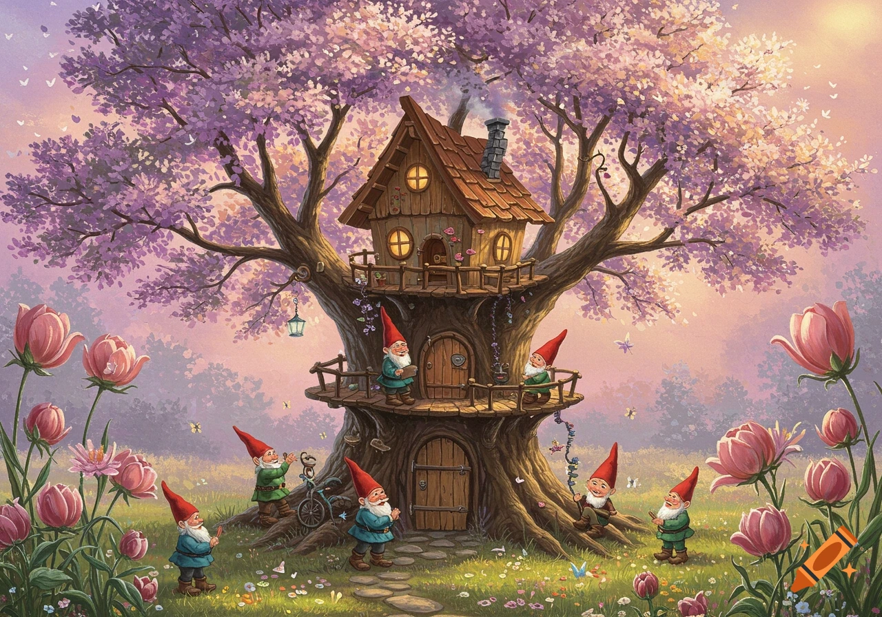 A whimsical illustration of gnomes at a multi-level treehouse in a large blooming purple tree, with pink tulips.