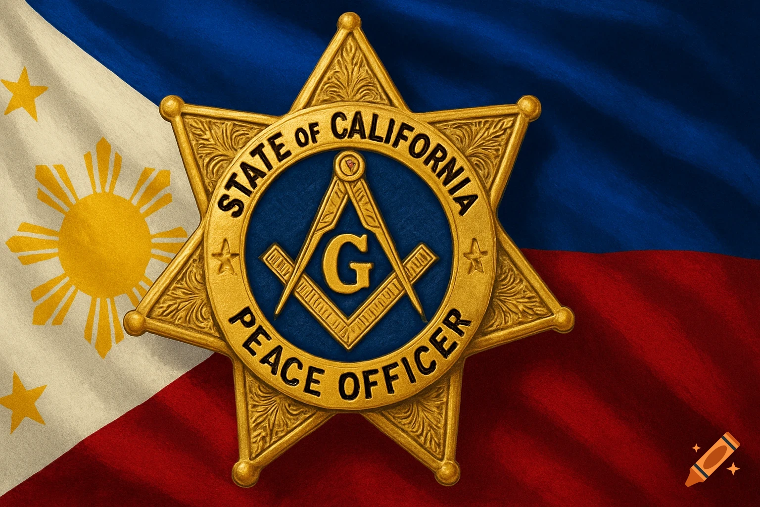 A golden seven-point star badge featuring a Masonic compass and square symbol with the letter 'G' and text 'STATE OF CALIFORNIA PEACE OFFICER', set against a waving Philippine flag.