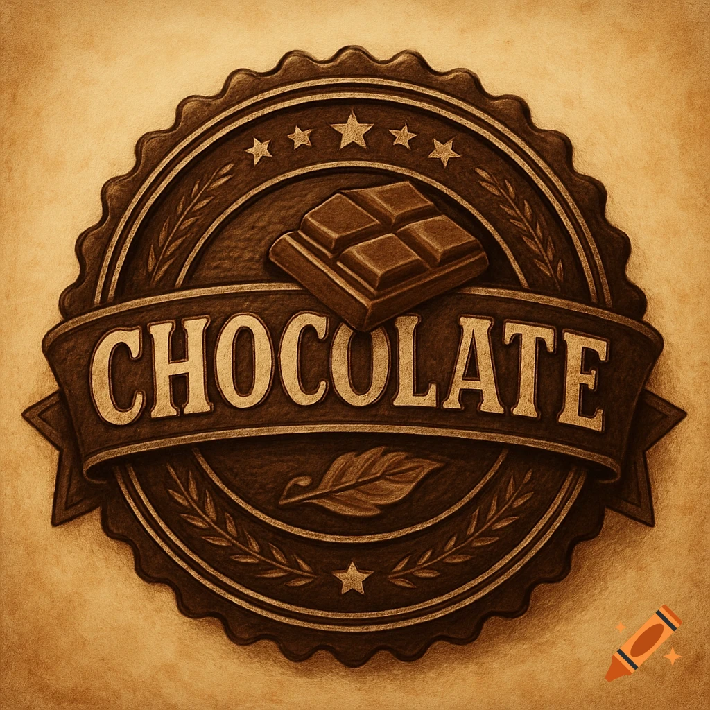 Vintage style circular chocolate badge with a chocolate bar and "CHOCOLATE" text.