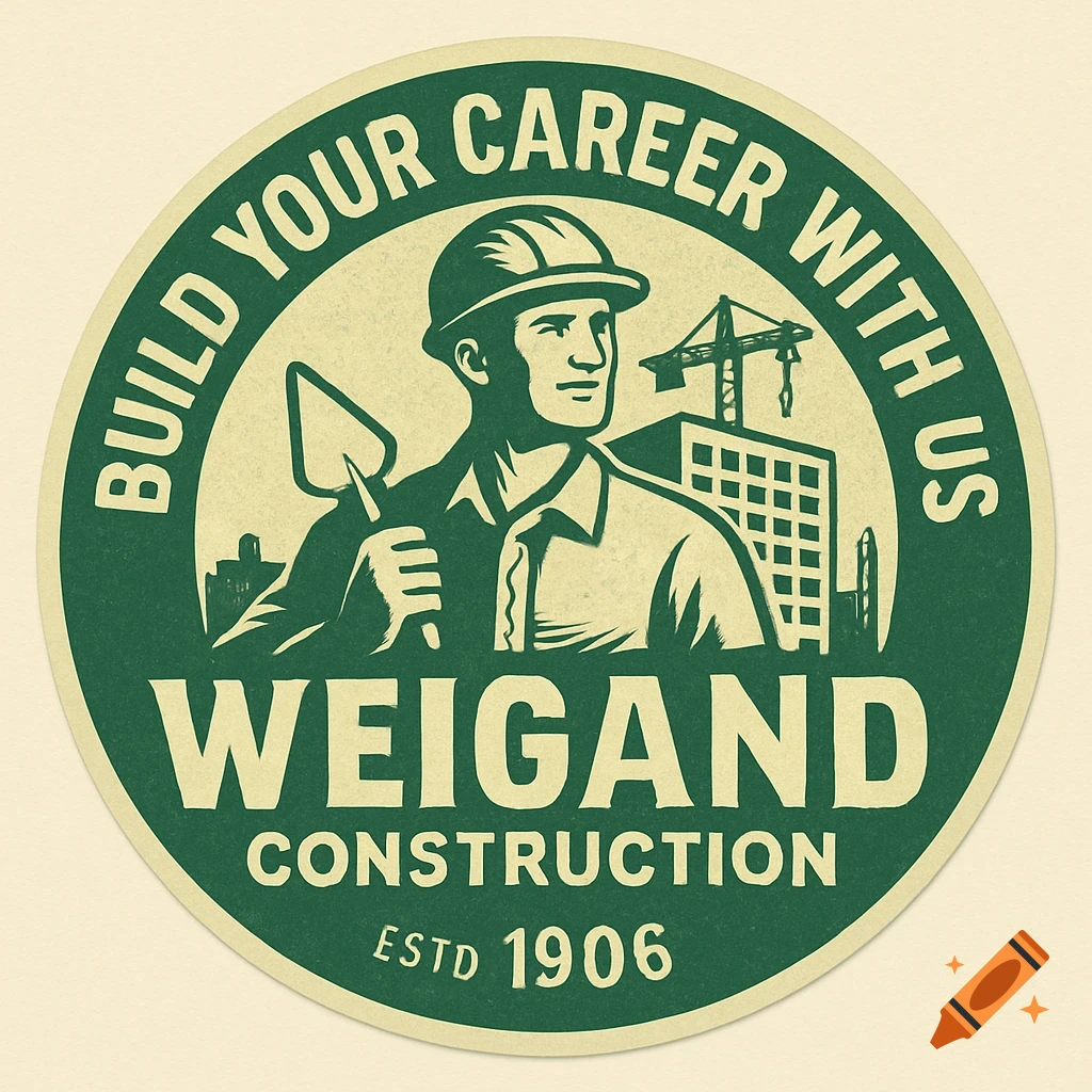 A retro circular logo in green and cream features a construction worker with a trowel, a building, and a crane. Text reads 'BUILD YOUR CAREER WITH US WEIGAND CONSTRUCTION ESTD 1906'.