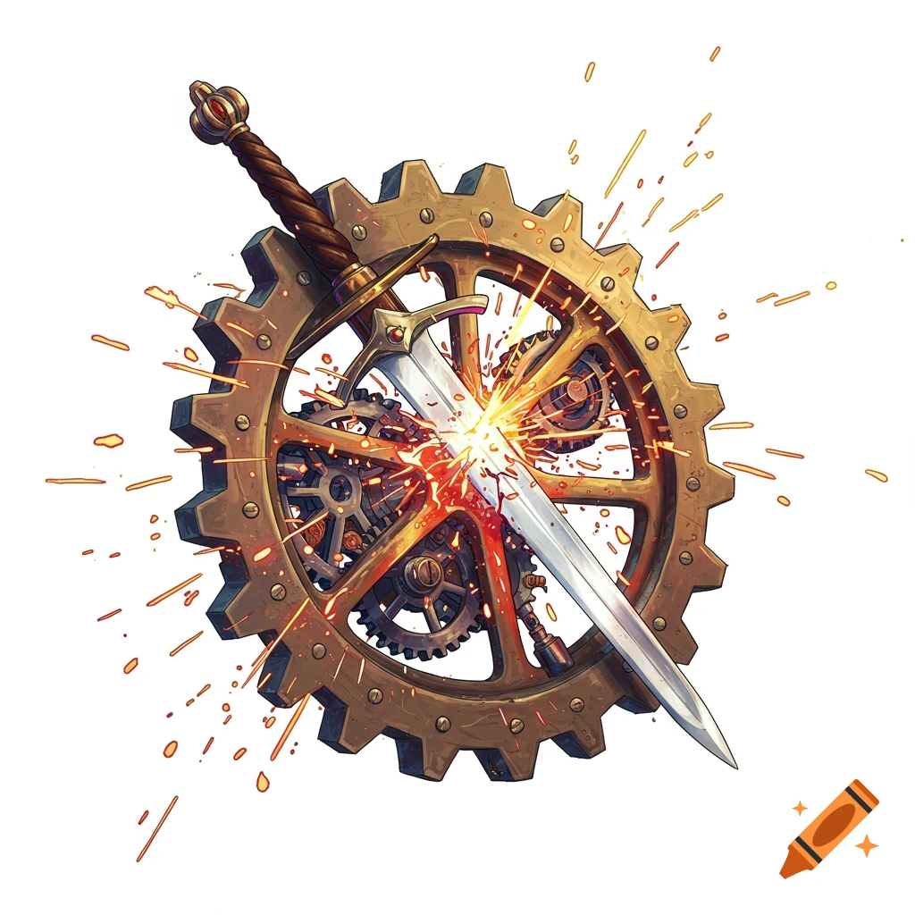 An illustrative image of a sword piercing a large cogwheel, with sparks flying from the point of impact, set against a white background.