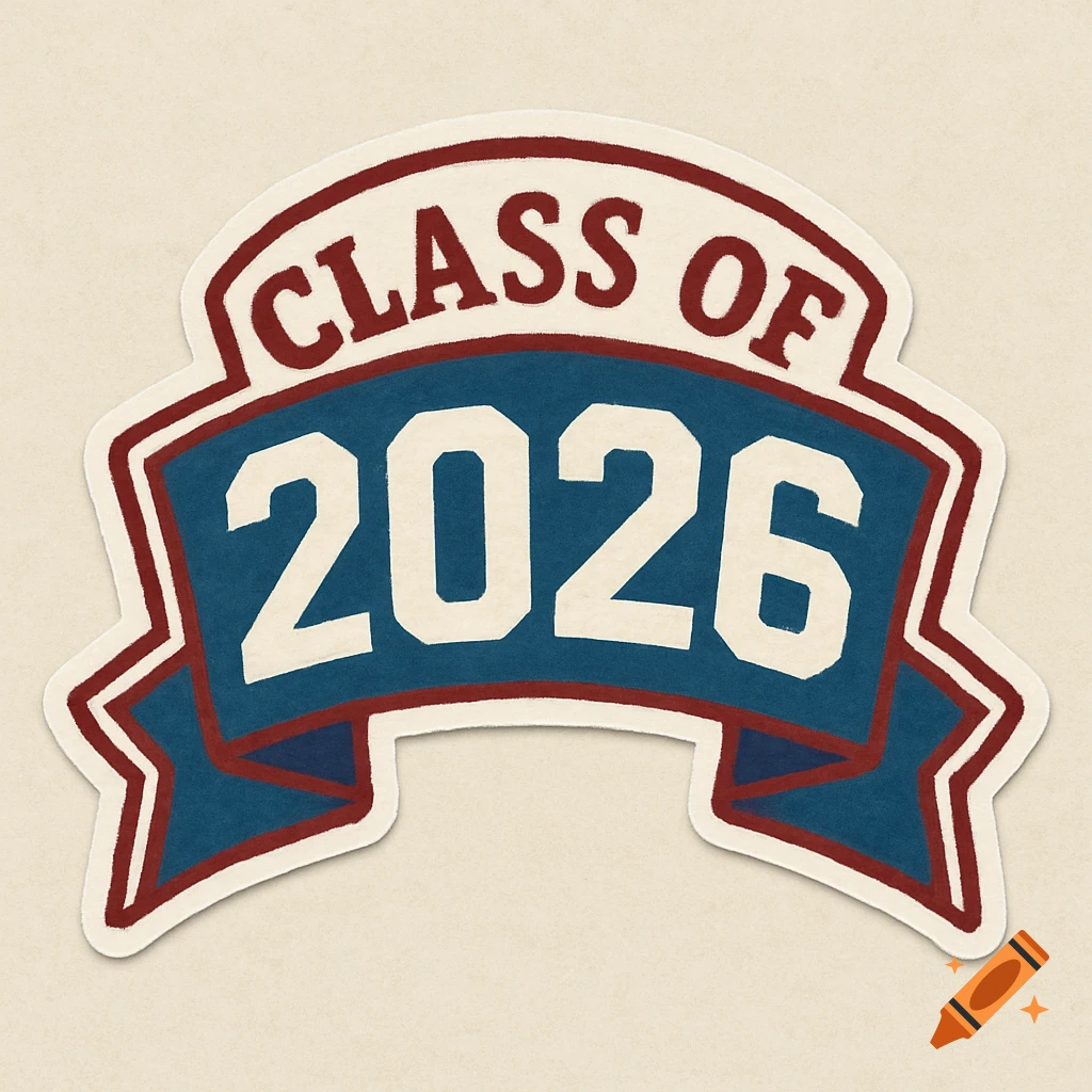 A vintage-style sticker for 'CLASS OF 2026' in maroon and white text on a blue banner, bordered in maroon and white.