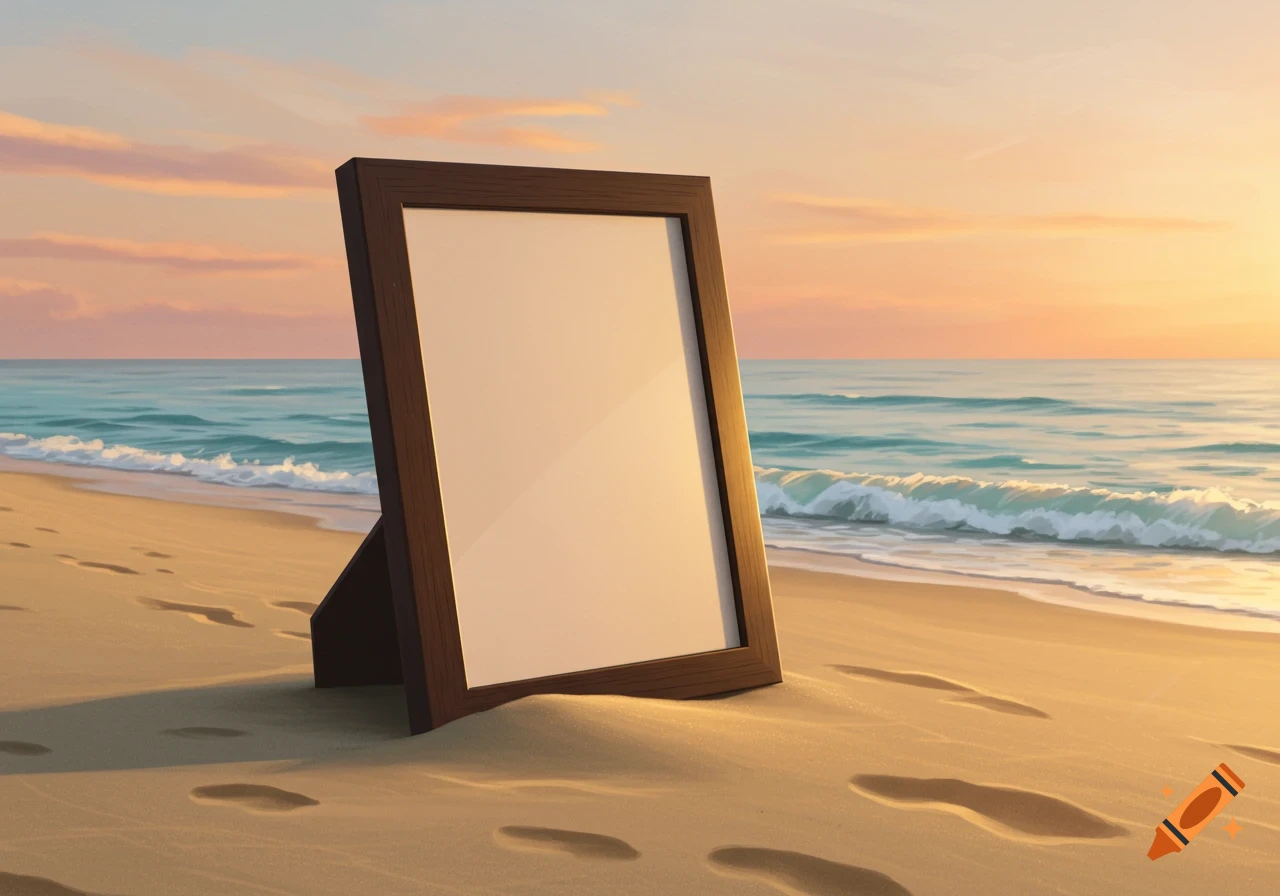 A dark wooden picture frame stands upright on a sandy beach at sunset with ocean waves in the background.