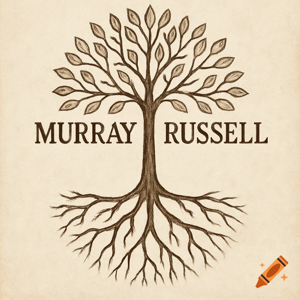 Sepia toned sketch of a tree with roots and leaves, with the name MURRAY on the left and RUSSELL on the right of its trunk.