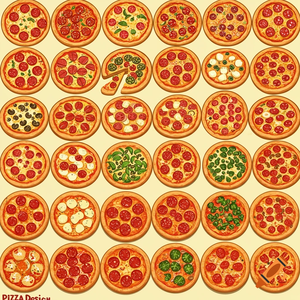 An illustrative grid of multiple round pizzas with various toppings like pepperoni, mushrooms, mozzarella, basil, and jalapeños, against a light background.