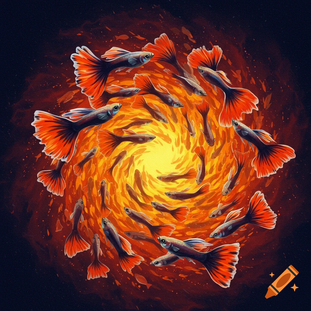 A vibrant illustration of numerous guppy fish with orange tails swirling in a bright, fiery vortex against a dark background.