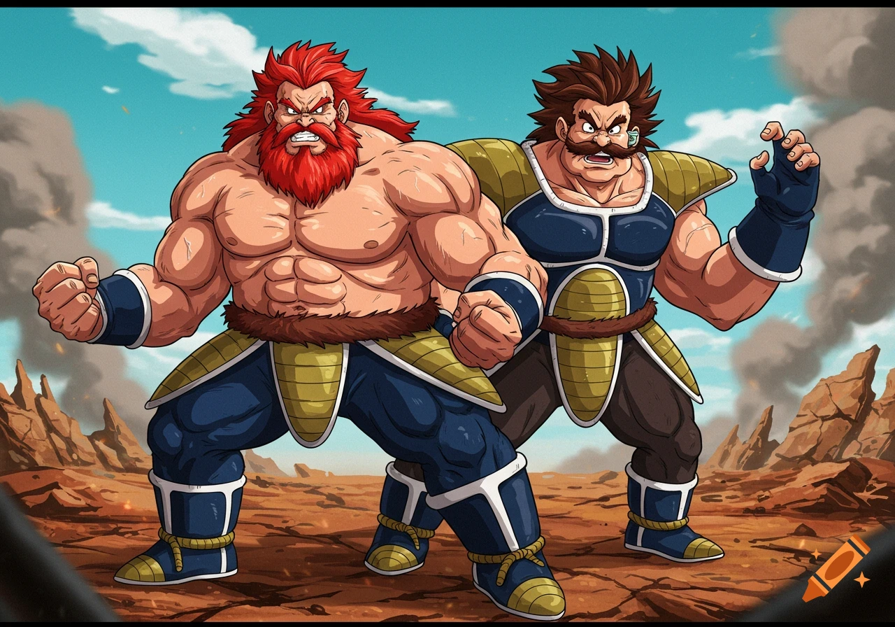 Two muscular, bearded men in Dragon Ball Z style. One red-haired, one with a mustache, pose aggressively in a rocky landscape.