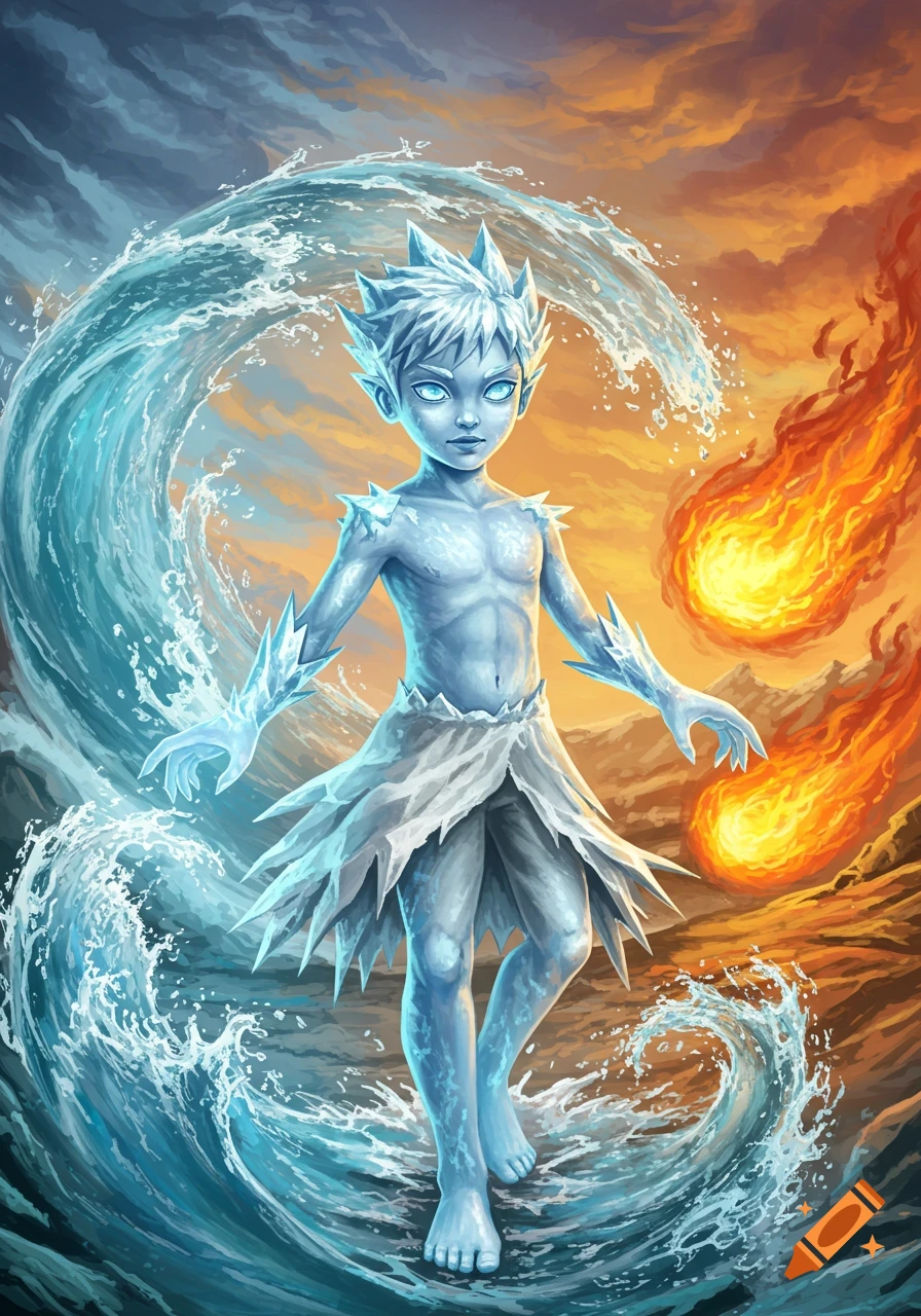 A stylized ice boy with spiky hair stands amidst a swirling blue water wave on the left and two fiery meteors on the right, against an orange and blue sky.