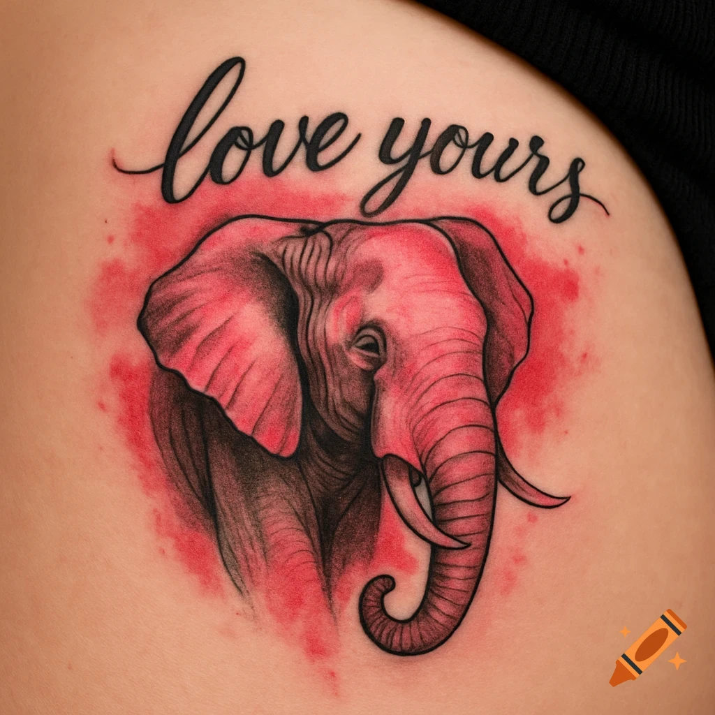 A black and red elephant tattoo with a red watercolor splash background and the text "love yours" above it, on skin.
