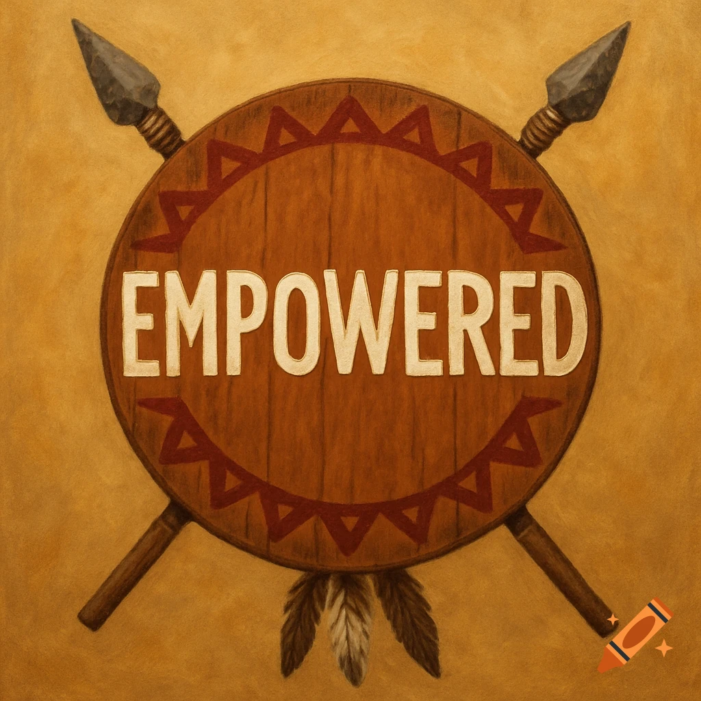 A wooden, tribal-style shield with spears and feathers, featuring the word "EMPOWERED" in white, against a warm, earthy background.