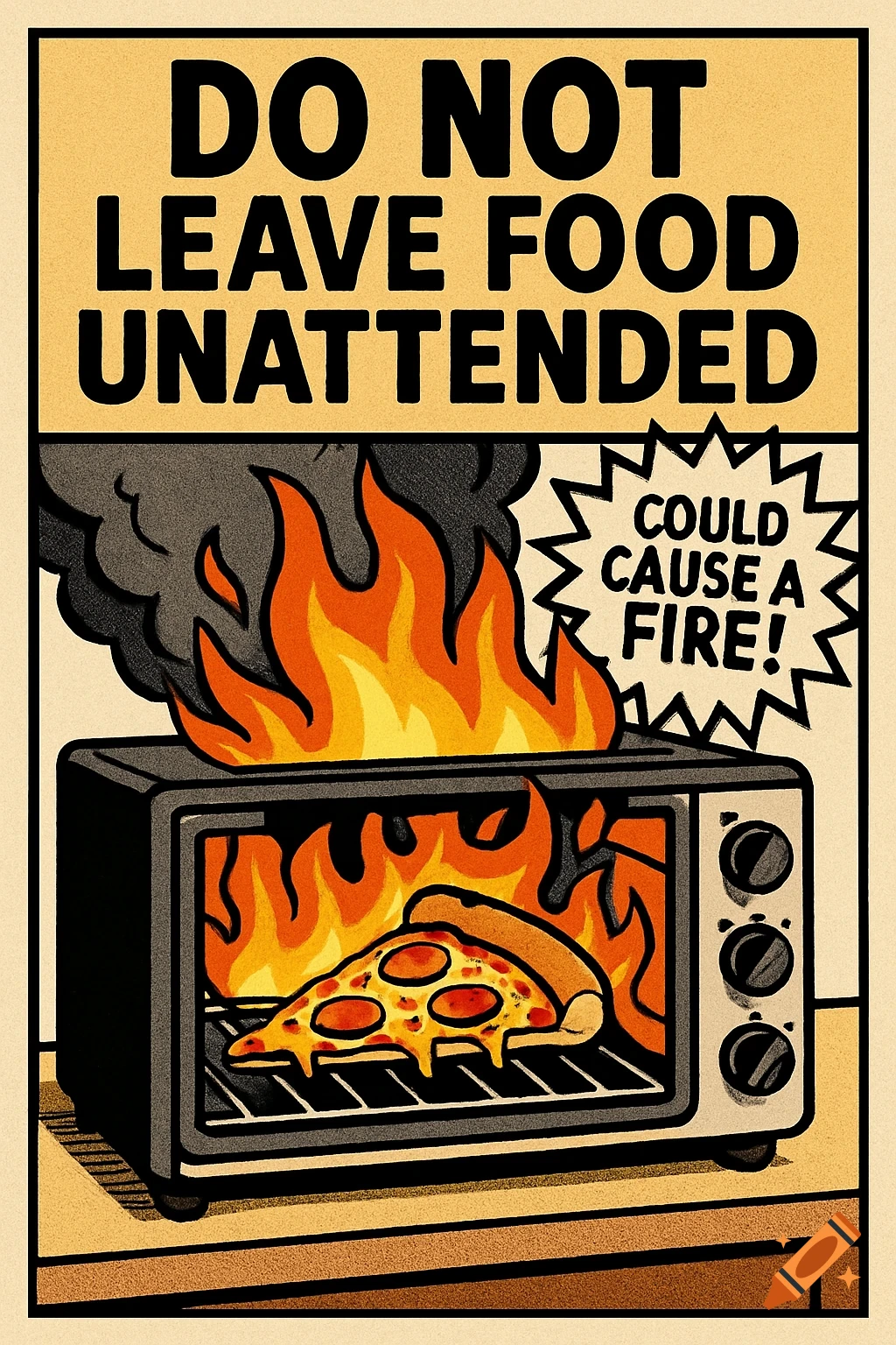Comic style safety poster of a pizza on fire in a toaster oven. Text warns 'DO NOT LEAVE FOOD UNATTENDED. COULD CAUSE A FIRE!'