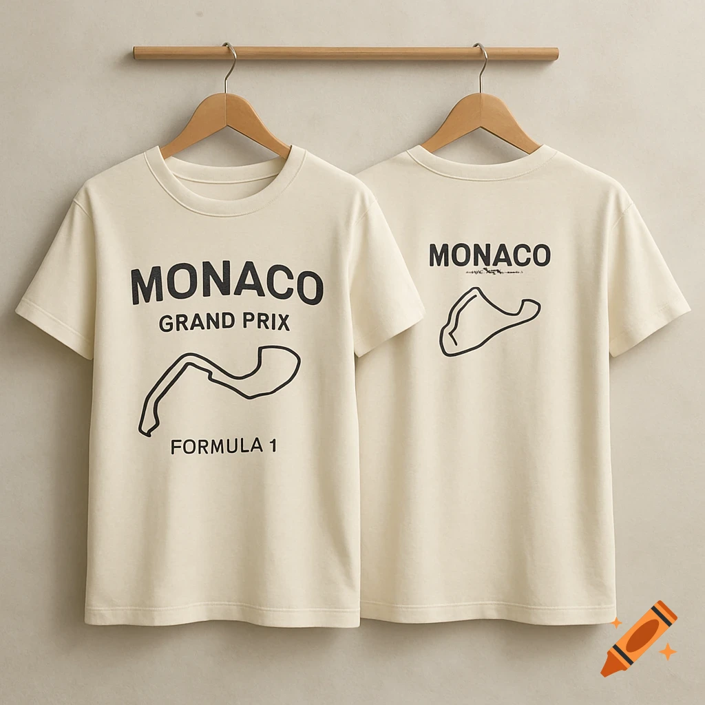 Two cream-colored t-shirts featuring black "MONACO GRAND PRIX FORMULA 1" text and a stylized F1 track outline, hanging on a wooden rail.