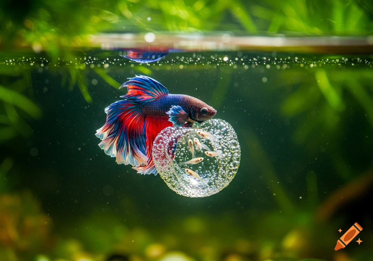 A hyper-realistic close-up of a vibrant red and blue male betta fish next to a bubble nest filled with tiny fry in an aquarium.