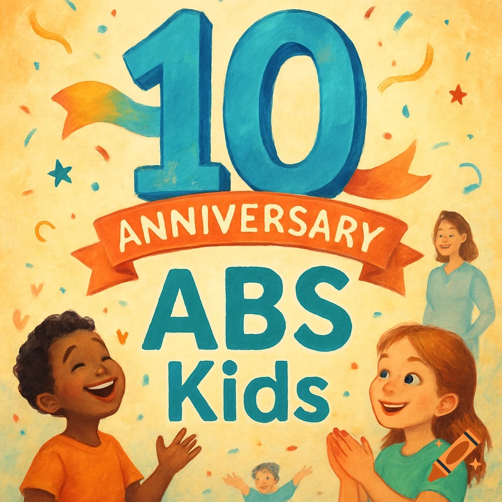 A colorful illustration celebrating the 10th anniversary of ABS Kids with children, adults, and confetti.