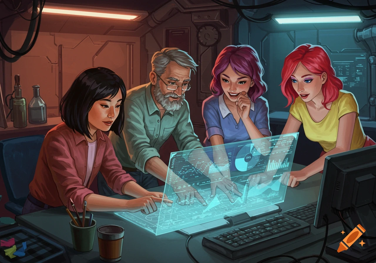 Four diverse people, including an older man and three women, collaborate around a glowing holographic display with data and charts in a futuristic, stylized office setting.