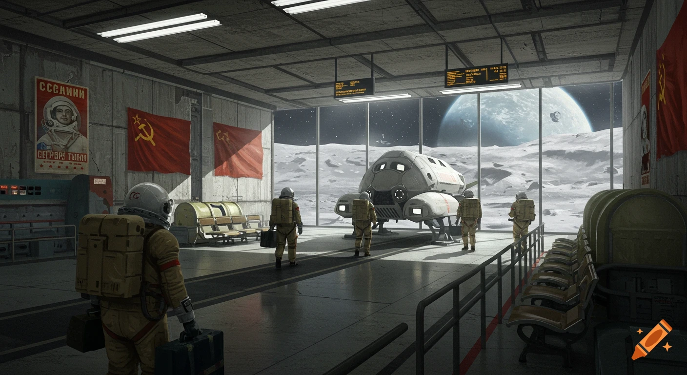A retro-futuristic Soviet-style spaceport on the moon with astronauts, a lander, and a view of a large planet.