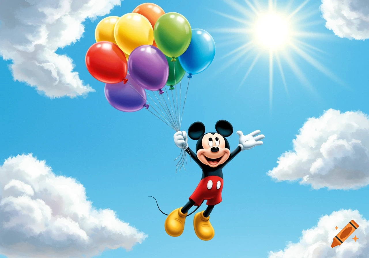 Mickey Mouse holding colorful balloons and floating in a blue sky with white clouds.