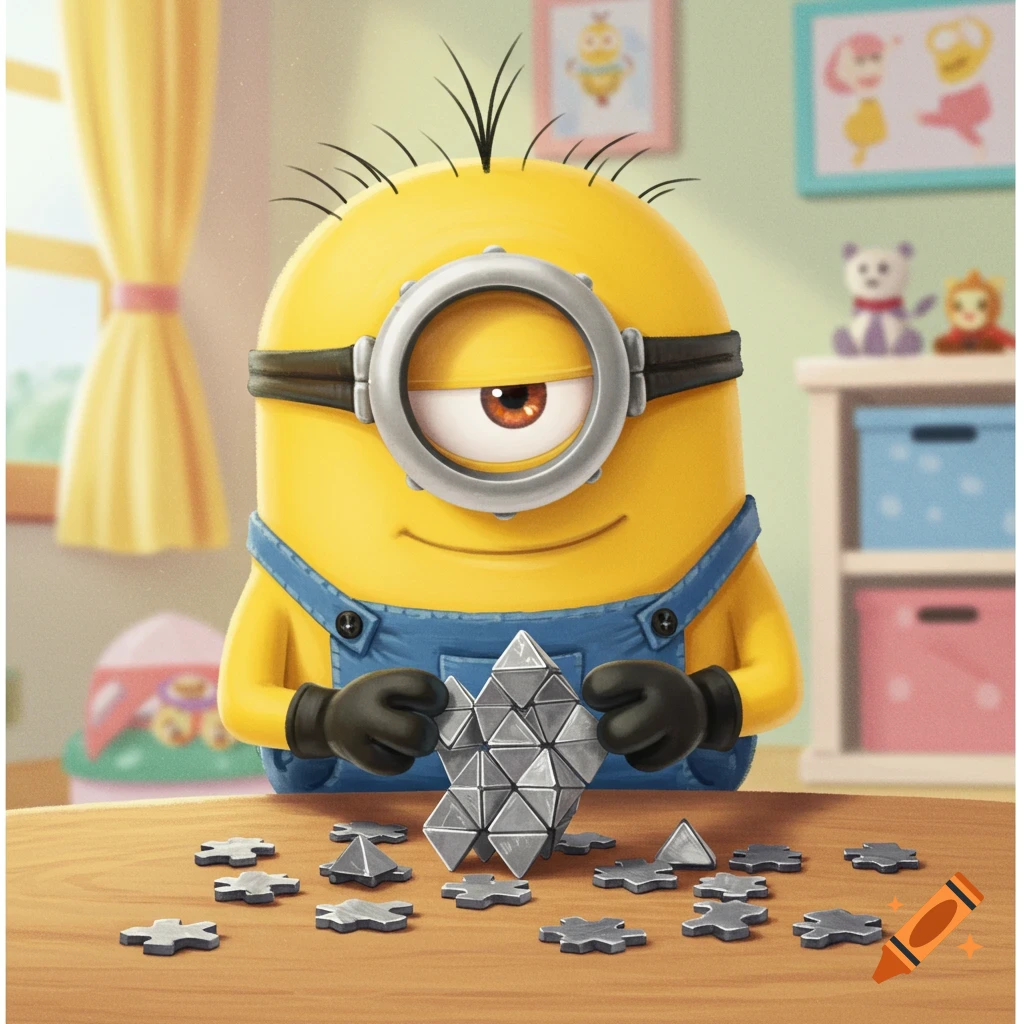 A cartoon Minion in blue overalls intently assembles a shiny metal geometric puzzle on a wooden table, with scattered pieces nearby.