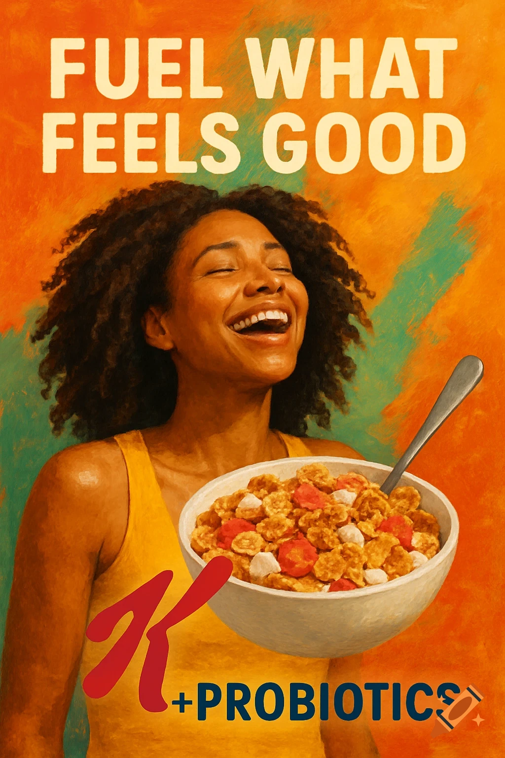 A joyful woman holding a bowl of Special K + Probiotics cereal, with the slogan "Fuel What Feels Good" above her.