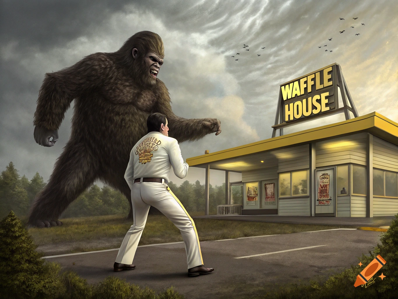 A large, furry Bigfoot stands menacingly behind a man dressed in a white jumpsuit, resembling Elvis, who faces a Waffle House restaurant under a dramatic sky.