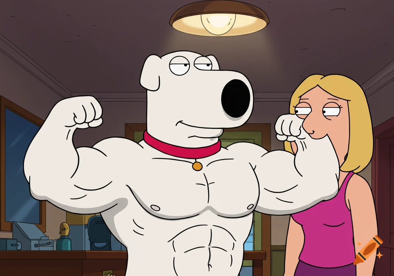 Brian the dog flexing his large muscles for Lois Griffin in the Family Guy animation style.