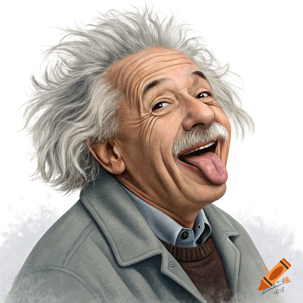 A playful caricature of Albert Einstein with wild gray hair, one eye closed, and his tongue sticking out, against a white background.