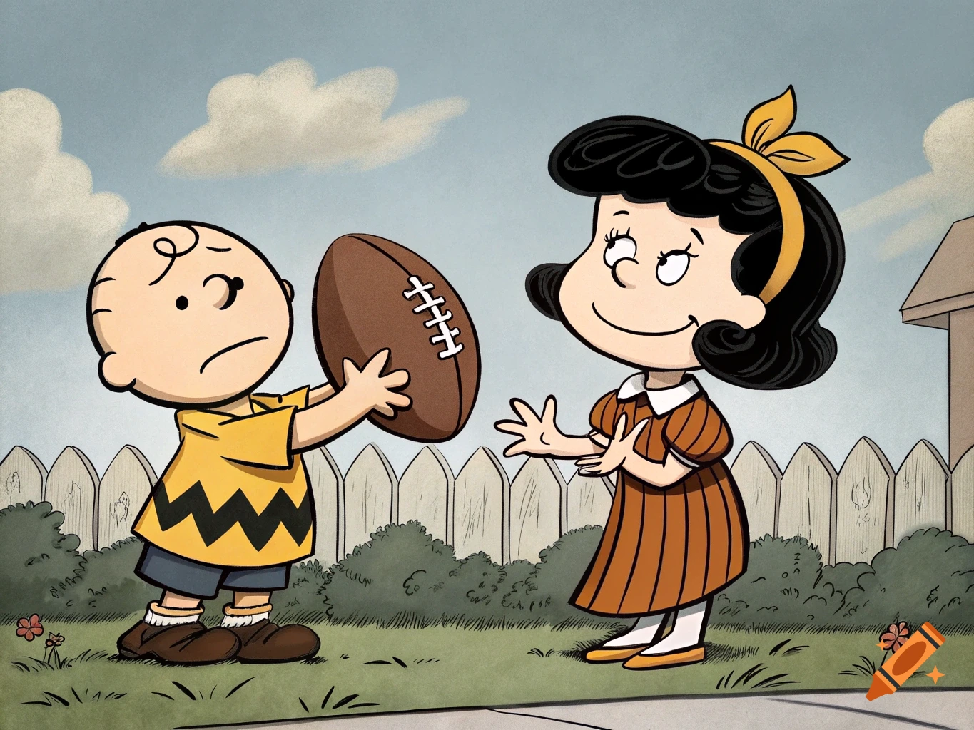 Charlie Brown holding a football with a sad expression as Lucy stands opposite him, hands outspread, looking mischievous, in the style of Charles Schulz.