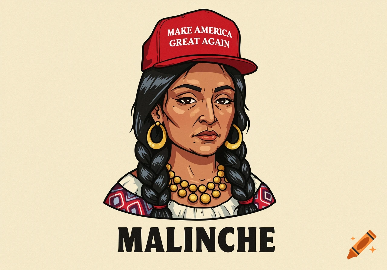 Cartoon illustration of La Malinche wearing a red 'MAKE AMERICA GREAT AGAIN' hat and a necklace, with 'MALINCHE' text below.